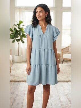 Tiered V-Neck Mini Dress in Light Blue